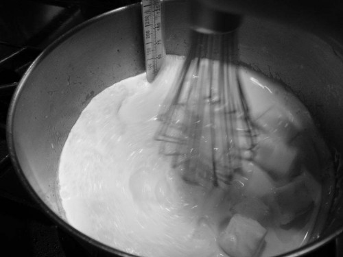 Whisking butter into the caramel base