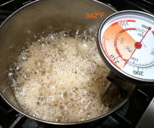For brittle, cook the sugar to the hard-crack stage (342 degrees F.)